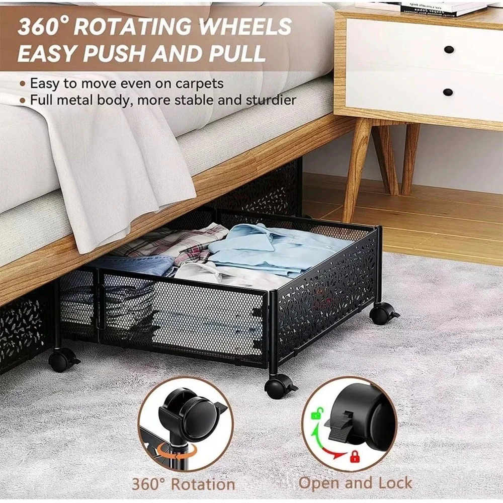 2 Black Metal Mesh Rolling Underbed Storage Bins Bird Leaf Design Foldable